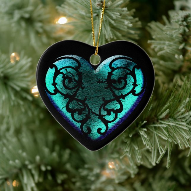 Filigree Goth Ice Blue Heart Ceramic Tree Decoration (Tree)