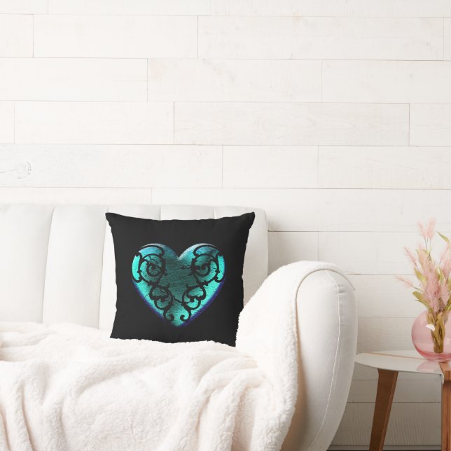 Filigree Goth Ice Blue Heart Cushion (Couch)