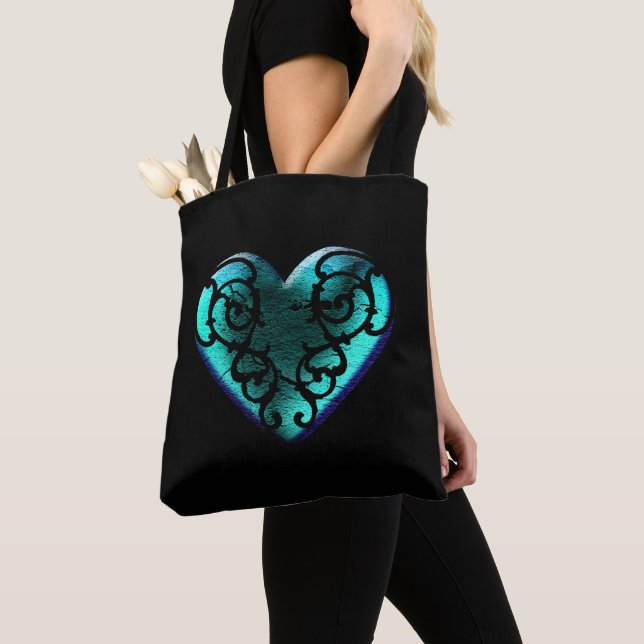 Filigree Goth Ice Blue Heart Tote Bag (Close Up)