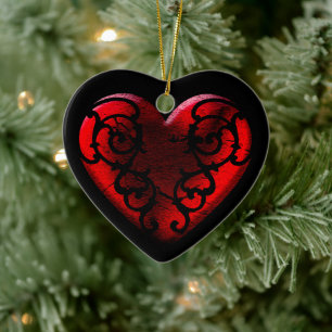 Filigree Goth Red Heart Ceramic Tree Decoration
