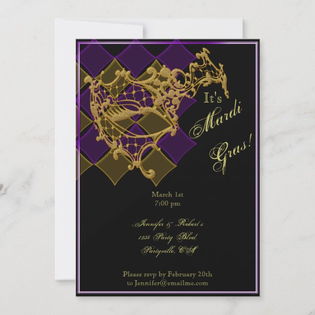 Filigree Mask on Purple and Gold Mardi Gras Party Invitation (Front)