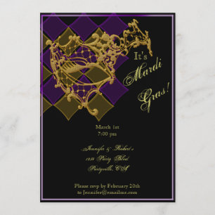 Filigree Mask on Purple and Gold Mardi Gras Party Invitation