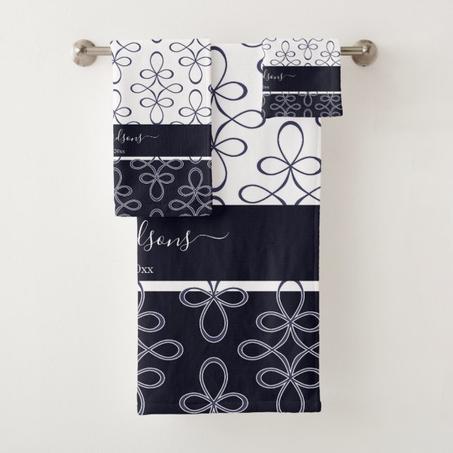 Filigree Pattern Monogram Stylish Elegant  Navy Bath Towel Set (Insitu)