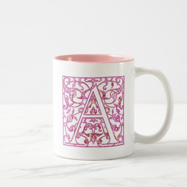 Filigree Pink A Monogram Two-Tone Coffee Mug (Right)