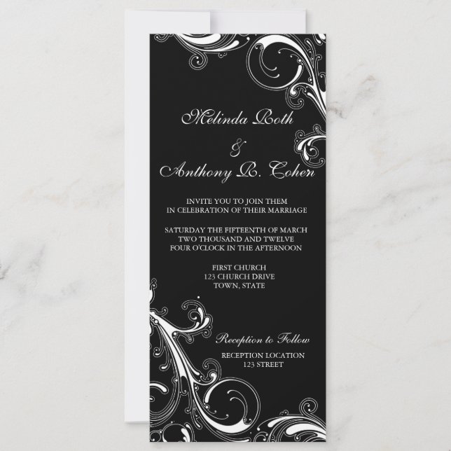 Filigree Swirl Black w/White 4 x 9.25 Wedding Invitation (Front)