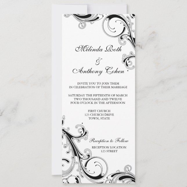 Filigree Swirl Black w/White 4 x 9.25 Wedding Invitation (Front)