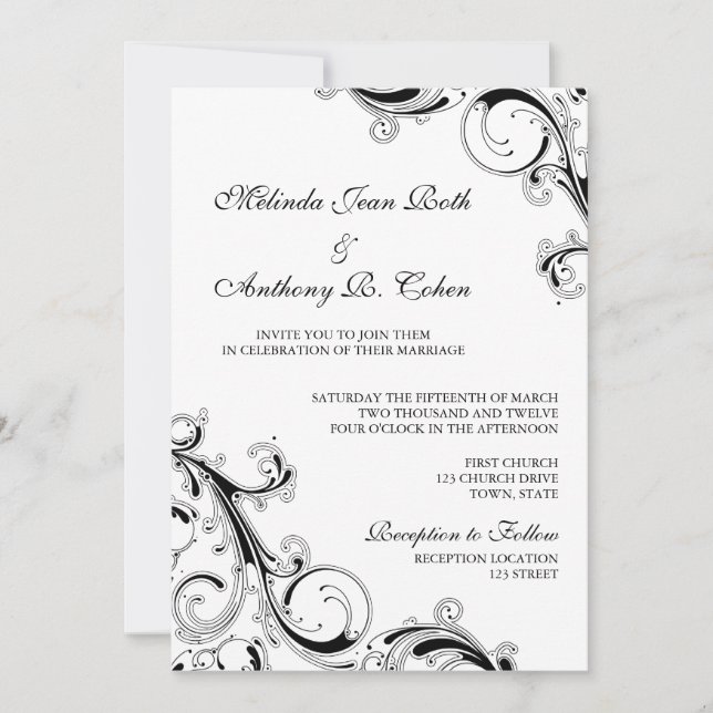 Filigree Swirl Black w/White 5x7 Wedding Invitation (Front)
