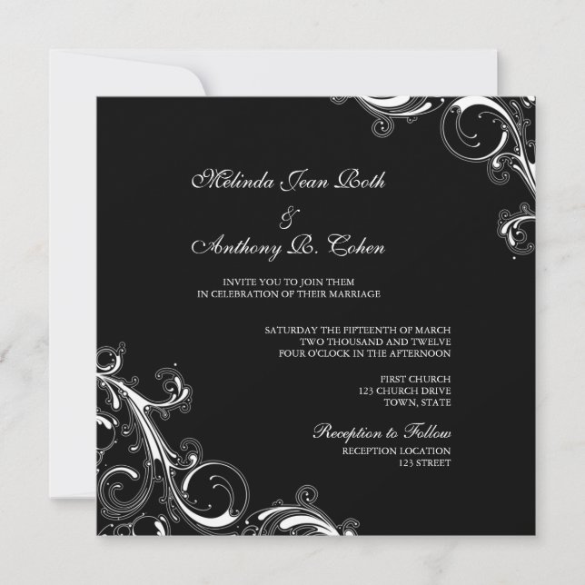 Filigree Swirl Black w/White Square Wedding Invitation (Front)