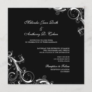 Filigree Swirl Black w/White Square Wedding Invitation