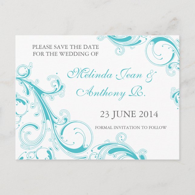Filigree Swirl Blue Curacao Save the Date Announcement Postcard (Front)