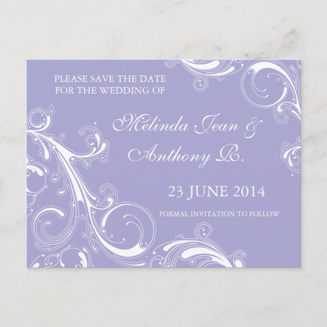 Filigree Swirl Lavender Save the Date Announcement Postcard (Front)