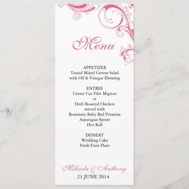 Filigree Swirl Pink Menu (Front)