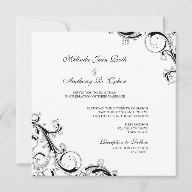 Filigree Swirl White w/Black Square Wedding Invitation (Front)
