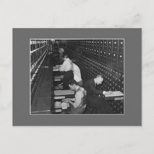 Filing men, 1930s postcard