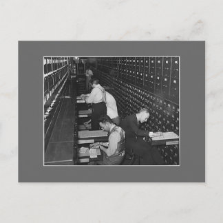 Filing men, 1930s postcard