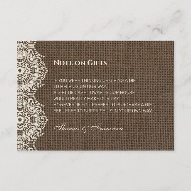 Filipiniana Lace on Burlap Wedding Gift Guide Card (Front)