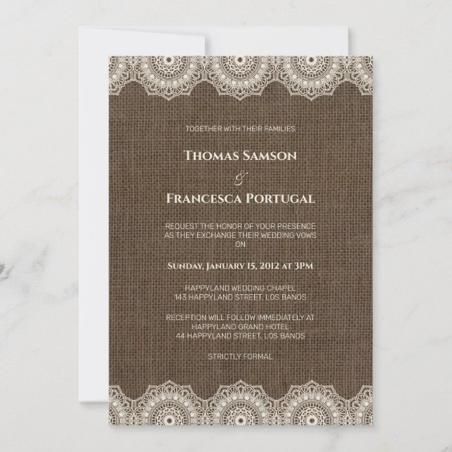 Filipiniana Lace on Burlap Wedding Invitation (Front)