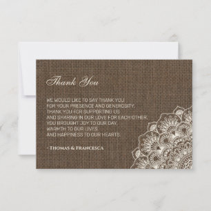 Filipiniana Lace on Burlap Wedding Thank You Card