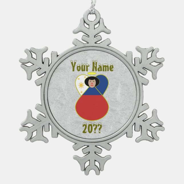 Filipino Angel Black Hair Dressed in Flag Snowflake Pewter Christmas Ornament (Front)