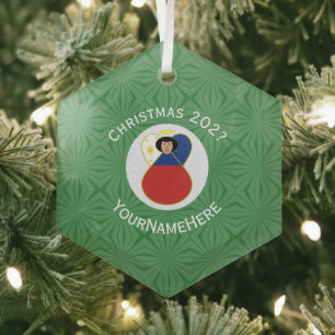 Filipino Flag Christmas Angel Name Year Hexagon Glass Tree Decoration