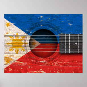 Filipino Flag on Old Acoustic Guitar Poster