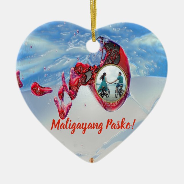 Filipino, Pasko, Beach, Wine Glass, Beach, Couple Ceramic Tree Decoration (Front)