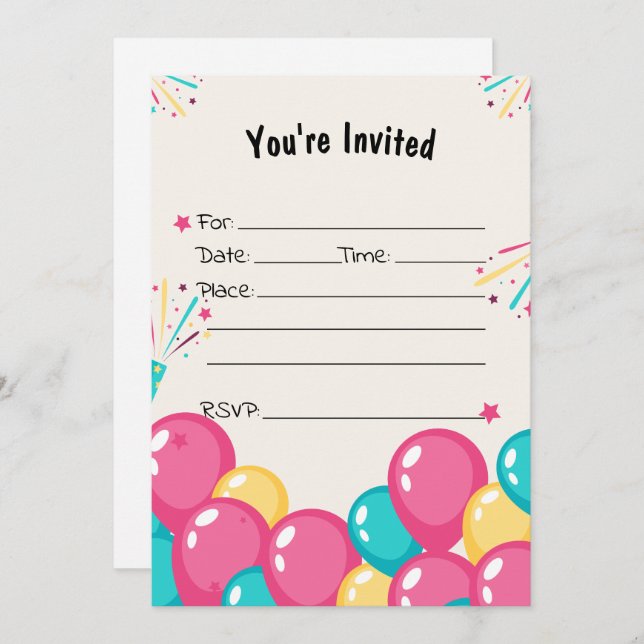 Fill In The Blank Balloons Birthday Invitation (Front/Back)