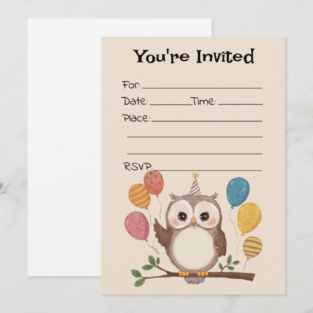 Fill In The Blank Owl Birthday Invitation (Front/Back)