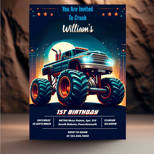 Fill Kids Boy Cars Cool Monster Truck 1st Birthday Invitation (Creator Uploaded)
