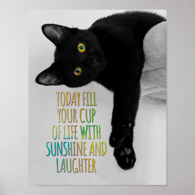 Fill Your Cup Of Life Black Cat Motivational Quote Poster (Front)