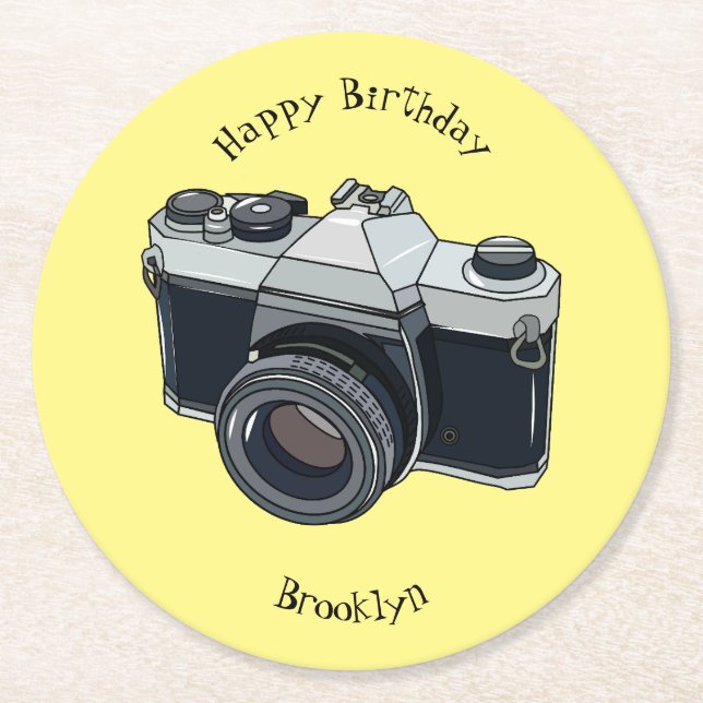Film camera cartoon illustration round paper coaster (Front)