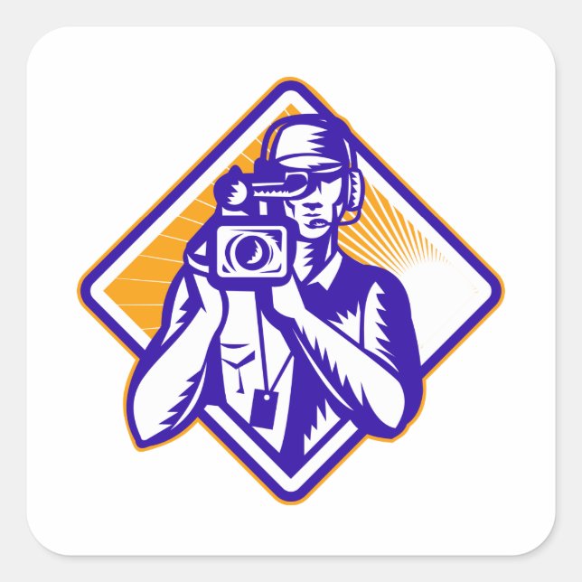 Film  Crew Cameraman Holding Camera Retro Square Sticker (Front)