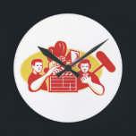 Film Director Movie Camera Clapper Soundman Round Clock<br><div class="desc">Illustration of a director film crew holding clapboard clapper film slate and soundman with boom microphone  and vintage movie film camera in background set inside oval done in retro style.</div>