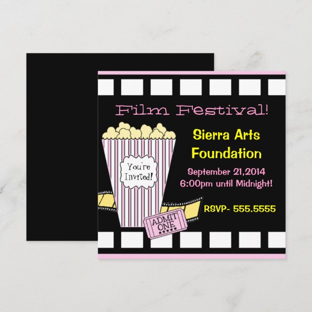 Film Festival Yellow and Pink Popcorn Film Strip Invitation (Front/Back)
