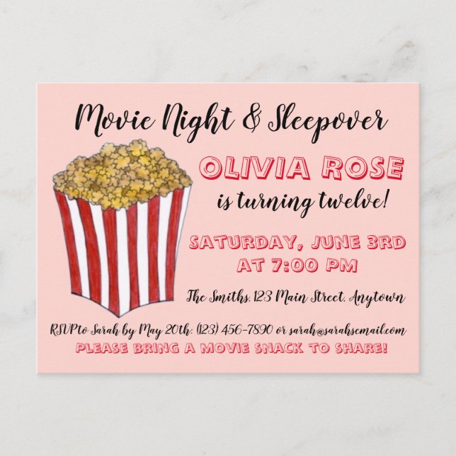 Film Movie Night Sleepover Popcorn Birthday Party  Invitation Postcard (Front)