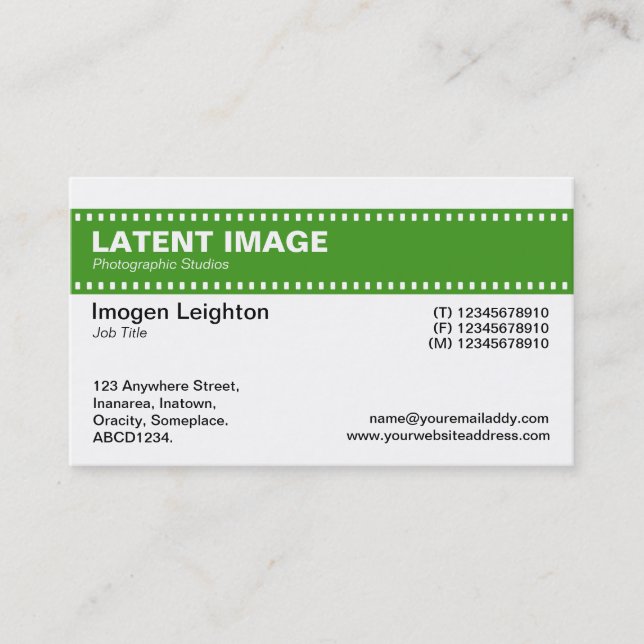 Film Strip Header - Avocado Green and White Business Card (Front)