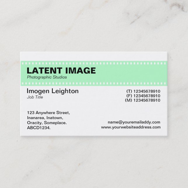 Film Strip Header - Ghost Green and White Business Card (Front)