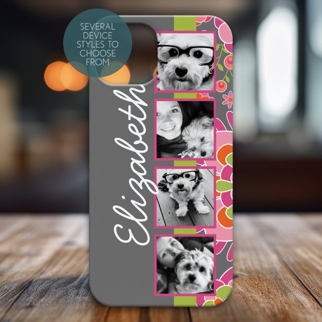 Film Strip Photo Collage Hot Pink Orange Flowers Case-Mate iPhone Case (Personalized Phone Case)