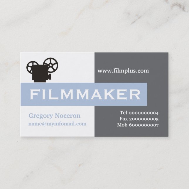 Filmmaker grey, white, steel blue eye-catching business card (Front)