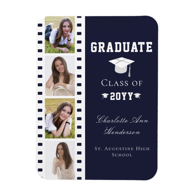 Filmstrip Four Photo Collage Graduation | Blue Magnet (Vertical)