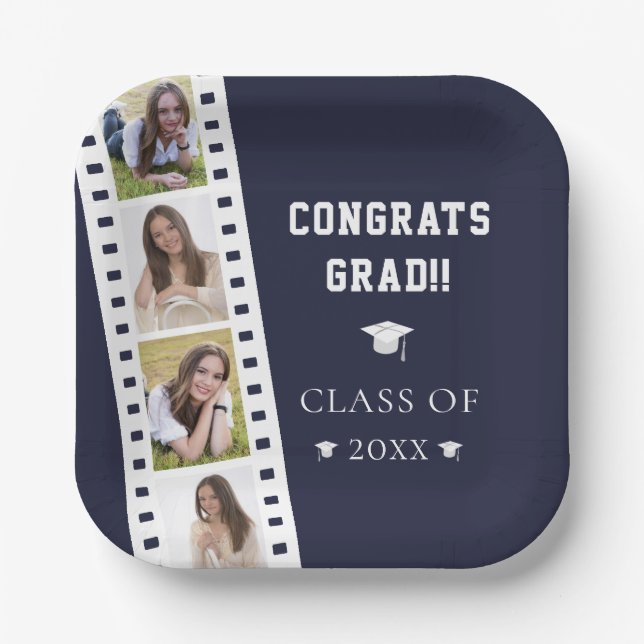 Filmstrip Four Photo Collage Graduation | Blue Paper Plate (Front)
