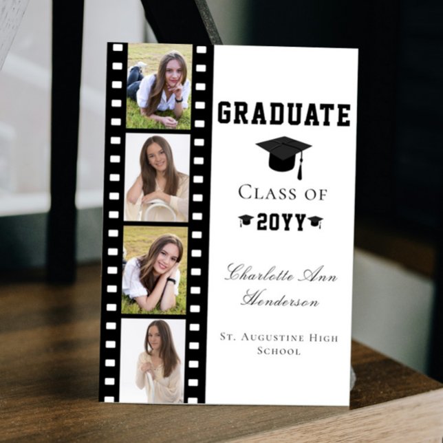 Filmstrip Four Photo Collage Graduation | White Invitation (White Filmstrip Four Photo Collage Graduation Announcement Invitation)