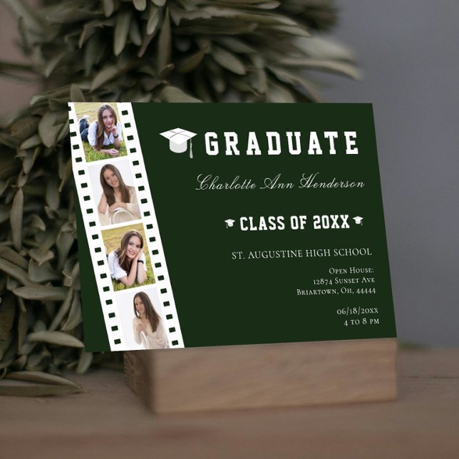 Filmstrip Four Photo Collage Open House | Green Invitation (Green Filmstrip Four Photo Collage Graduation Open House Invitation)