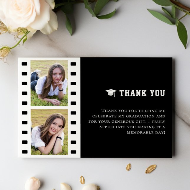 Filmstrip Photo Collage Graduation | Black Thank You Card (Black Filmstrip Photo Collage Graduation Thank You Cards)