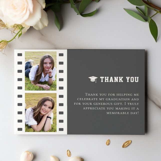Filmstrip Photo Collage Graduation | Grey Thank You Card (Gray Filmstrip Photo Collage Graduation Thank You Cards)