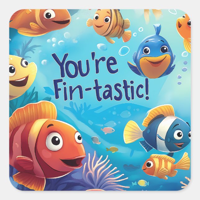 Fin-tastic Kid Friendly Valentine's Day Square Sticker (Front)