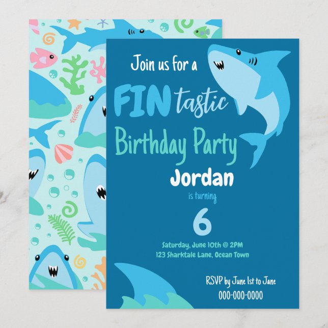 Fin-tastic Shark Birthday Party Kids Under The Sea Invitation (Front/Back)