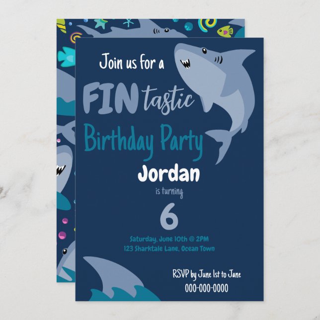 Fin-tastic Shark Birthday Party Kids Under The Sea Invitation (Front/Back)