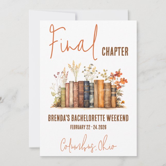 Final Chapter, Book Themed Bachelorette Weekend Invitation (Front)