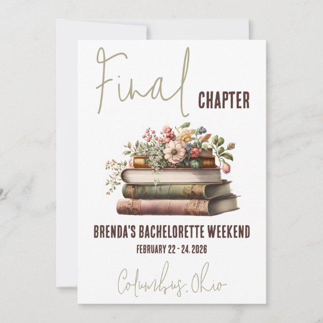 Final Chapter, Book Themed Bachelorette Weekend Invitation (Front)